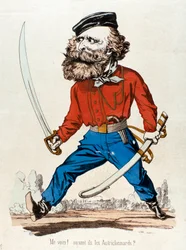 Karykatura przedstawiająca Giuseppe Garibaldiego (1807-1882), włoskiego patriotę i bohatera Risorgimento, wykrzykującego „” Me voic! ou sont les Austrihemards””” Grawer z XIX-wiecznej kolekcji prywatnej - Giuseppe Garibaldi (1807-1882), włoski patriota i R
