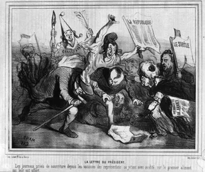 Karykatura przedstawiająca kampanię wyborczą do pierwszych wyborów prezydenckich 10 grudnia 1848 r. z bitwą prasową.