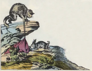 Kot łapie królika. Ilustracja do bajki „Kot botte” Charlesa Perrault