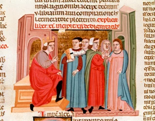 Uroczystość ślubu za cesarza Justyniana (483-565). Miniatura zaczerpnięta z „Justinianus Istitutiones” Padwa z XIV wieku, Biblioteca capitolare