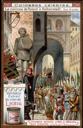 Celebres: Kolumna Rolanda (wysokość 16 stóp) w Halberstadt (Niemcy); obywatele uzbrojeni w obronie swojej wolności - chromolitografia Liebiga