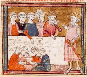 Karol Wielki (742-814) i jego siostrzeniec jeździec Roland na bankiecie, na którym biedna Miniatura z „Grandes Chronicles de France”” 1375-1379 Biblioteka Miejska, Castres