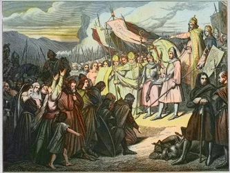 Karol Wielki przyjmuje kapitulację Widukinda w Paderbornie (785) - Zwycięstwo Karola Wielkiego (742-814) nad saską armią Widukinda Saskiego (Wittekinda) w 785 roku (Widukind lub Witikind - Widukind z wojen saskich: germański przywódca Sasów Widukind