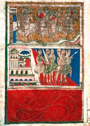 Karol Wielki i jego rycerze opuszczają Akwizgran i udają się do Santiago de Compostela Miniatura z „Codex Calixtinus” (Księga św. Jakuba), ok. 1140. fol. 162 v. Archiwa Katedry Santiago de Compostela (Santiago de Compostela), Hiszpania