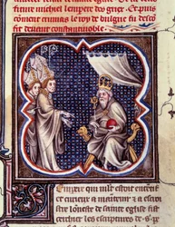 Karol Wielki i biskupi. Miniatura w „Grandes Chronicles de France”. Grandes Chronicles de France Karola V” (k. 102), ok. 1375-1380. BN, Paryż
