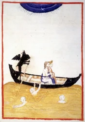 Charon (Karon) sprawia, że Dante i Wergiliusz Acheron przekraczają rzekę Zaświatów - w „Boskiej komedii” Dantego Alighieri, miniatura rękopisu z XIV wieku, Biblia. Miejski de Rimini.