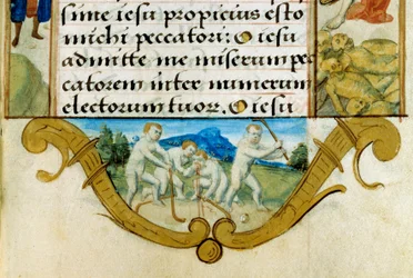 Dzieci bawiące się w piłkę, przodek hokeja. Fragment miniatury z Księgi Godzin rodziny Anjou