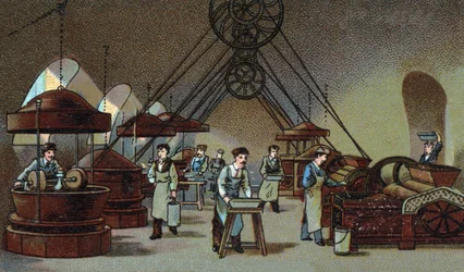 Produkcja czekolady: warsztat mielenia. Chromolitografia z końca XIX wieku