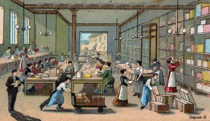Produkcja czekolady: pakowanie, wysyłka. Chromolitografia z końca XIX wieku