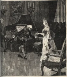 Christoph Willibald Gluck przed królową Marią Antoniną w Trianon - Christoph Willibald Gluck (1714-1787), niemiecki kompozytor grający przed królową Marią Antoniną a Trianon - grawer w ilustrowanym tygodniku „Muzyka popularna” - 1882