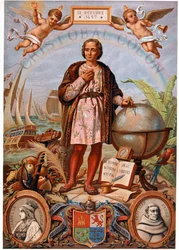 Krzysztof Kolumb. Z lewej strony portret Izabeli Katolickiej, Królowej Kastylii (1451-1504). Hiszpańska chromolitografia XIX wieku