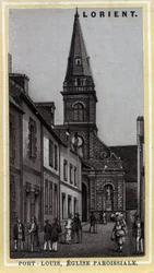 Parafia kościoła Port Louis (Port Louis) Pays de Lorient, Morbihan, Bretania. Chromolitografia z końca XIX wieku.