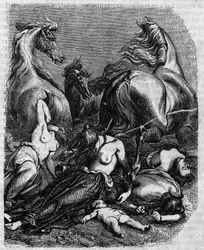 Wojna z Cimbres około 120 rpne: kobiety, starsi i dzieci z plemienia Ambronów (Ambronów) rzucają się pod konie wroga lub giną, aby uniknąć niewoli Rzymian.