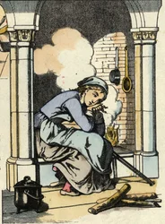 Kopciuszek marzy o lepszym życiu przy kuchennym kominku. Ilustracja do bajki Charlesa Perraulta „Kopciuszek lub La petite slipper de verre”