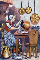 Kopciuszek w kuchni, „”, Ilustracja do „”Kopciuszek””, opowieść Charlesa Perraulta (1628-1703), francuskiego pisarza. Anonimowa ilustracja.
