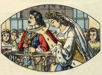 Ślub Kopciuszka z księciem. Ilustracja do bajki Charlesa Perraulta „Kopciuszek lub La petite slipper de verre”