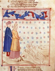 Krąg zdrajców: Dante i Wergiliusz spotykają Ugolino della gherardesca, tyrana Pizy i skazując za zdradę ojczyzny, bije głowę archeweka Ruggeri. Podświetlana strona ilustrująca 33 pieśń piekła pochodzi z „Divina Commedia”