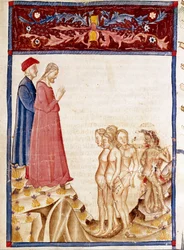 Krąg zdrajców: Dante i Virgil spotykają dusze zdrajców dobroczyńców. Podświetlana strona ilustrująca 34 pieśń piekieł zaczerpnięta jest z „Divina Commedia” Dantego Alighieri (1265-1321). XIV wiek, Wenecja, Biblioteca Marciana