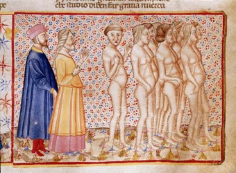 Krąg przemocy wobec Boga, natury i sztuki: Dante i Virgil spotykają bluźnierców. Podświetlana strona ilustrująca pieśń piekielną czerpie z „Divina Commedia” Dantego Alighieri (1265-1321). XIV wiek, Wenecja, Biblioteca Marciana