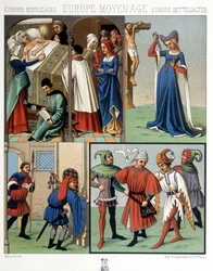Stroje cywilne w średniowieczu od XIV do XV wieku. W „Strój historyczny” A. Racquet