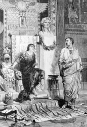 Kleopatra (69 pne - 30 pne), królowa Egiptu i Oktawa, przybyła z nią porozmawiać po klęsce Akcjum i śmierci Marka Antoniusza. Rycina XIX wieku. Historia Włoch.