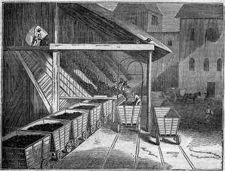 Kopalnia węgla: węgiel wydobywany z kopalni jest ładowany na wagoniki w kierunku odlewni, pociągów i statków. W „”Malowniczym sklepie”” 1835