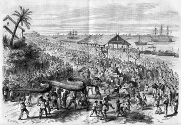 Cochinchine: coroczna procesja smoków zorganizowana przez kongregację Sajgonu w 1865 roku.
