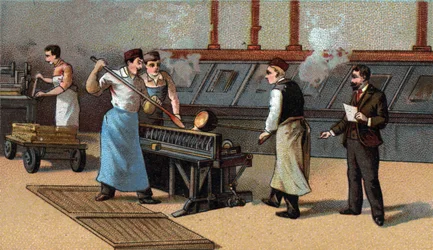 Wyrabianie monet, złote ostrza. Chromolitografia z końca XIX wieku