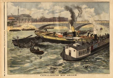 Kolizja na Sekwanie między angielskim parowcem a omnibusem peniche Paryża, na wysokości mostu królewskiego. Grawerowanie w „”Le petit journal”” 7.02.1897. Kolekcja Selva.