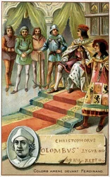 Kolumb (z zawiązanymi rękami) przywieziony przed Ferdynanda - Chromolitografia z XIX wieku