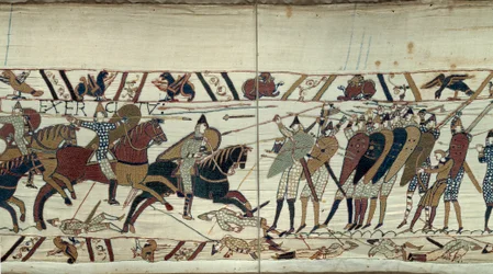 „Podbój Anglii” Williama Zdobywcy (1027-1087) w 1066 r., scena walki pomiędzy kawalerią normańską załadowującą piechotę saską króla Anglii Harolda II Detal gobelinu z Bayeux lub haftu królowej Matyldy