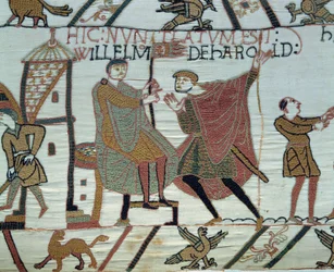Podbój Anglii przez księcia Normandii Wilhelma Zdobywcy (1027-1087) w 1066: punkt obserwacyjny przekazuje Williamowi fakty dotyczące Harolda II w bitwie pod Hastings Fragment gobelinu z Bayeux lub haftu królowej Matyldy