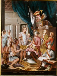 Podbój Meksyku: Montezuma (lub Montezuma II), cesarz Azteków (1466-1520) ofiarowuje prezenty konkwistadorowi Hernanowi Cortezowi (lub Cortesowi) (1485-1547) i przysięga wierność Królestwu Hiszpanii. Anonimowe malowanie. Madryt. Muzeum Ameryki.