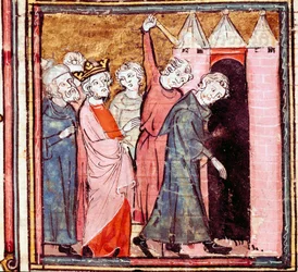Spisek przeciwko Ludwikowi Pobożnemu (778-840) cesarzowi Zachodu, jego syn Lothaire nałożył na niego publiczną pokutę na klasztor św. Medarda z Soissons w 833 r. Miniatura zaczerpnięta z „Grandes Chronicles de France” 1375-1379 Biblioteki Miejskiej , Cas