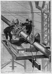 Budowa mostu Brooklyn Bridge w Nowym Jorku: Maszyna używana do pokrycia 19 kabli wtórnych stalowym drutem spiralnym w jeden kabel. Grawerowanie z 1883 roku.