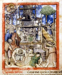 Budowa wieży Babel. Miniatury z kodeksu 212 (lub Kodeks Padovano lub Biblia z Padwy) 1390-1400 Rovigo, Accademia dei Concordi