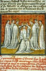 Koronacja Hugona Kapeta (987) przez Adalberona (ca. 925-990), arcybiskupa Reims - iluminacja na welinie ze średniowiecznego rękopisu „Wielkie kroniki z Saint-Denis“, koniec XIV wieku (nr ref. 512)