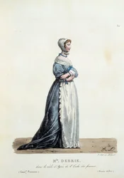 Kostium panny Debrie w roli Agnieszki Moliera „Szkoła kobiet” w 1680 roku. Kostium komedii francuskiej Hipolite Lecomte (1781-1857). Rycina XIX wieku. Dz. Chodźmy.