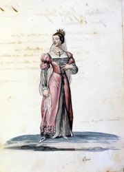 Kostium młodej damy szlachty Syrakuz rysuje Gironi do opery „Tancredi” (Tancrede) Gioacchino Rossiniego. 1813