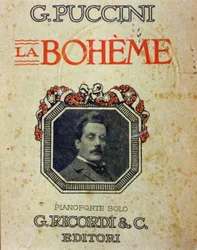 Okładka partytury „Cyganeria” Pucciniego (1858-1924) z jego portretem.