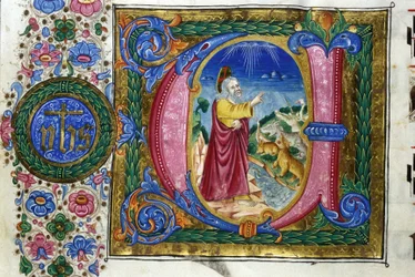 Stworzenie: Bóg przed stworzeniami Ziemi. Rękopis z XV wieku. Biblioteka Narodowa Braidense, Mediolan.