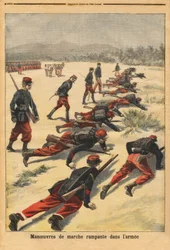 Manewry pełzania w wojsku, eksperymenty z nowymi bransoletkami z tamponami, które chronią dłonie. Grawerowanie w „”Le petit journal”” 16.08.1896. Kolekcja Selvy.