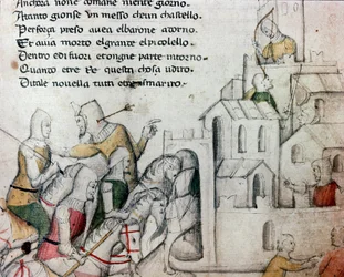 Krzyżowcy atakujący mauretańską twierdzę. Ilustracja do toskańskiego poematu „Febusso e Breusso”. Rękopis MS.B.R.45. XV wiek. Florencja, Biblioteca Nazionale