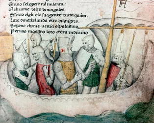 Krzyżowcy na łodzi. Ilustracja do toskańskiego poematu „Febusso e Breusso”. Rękopis MS.B.R.45. XV wiek. Florencja, Biblioteca Nazionale