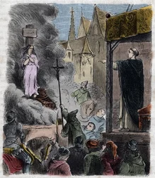 Krucjata przeciwko albigeois - Heretycy spaleni żywcem: katarzy na stosie, w czasie krucjaty przeciwko albigensom we Francji XIII wiek - Rycina z 1879 roku w „Histoire des Societes Secretes, Politiques et Religions” Pierre