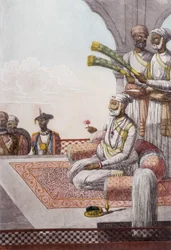 Kultura, cywilizacja i społeczeństwo indyjskie: Portret Radjah (Rajah) władcy Brahmana w Indiach. Grawerunek z 1808 roku.