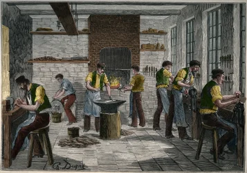 Warsztat sztućców we Francji w XIX wieku. Grawer z 1885 roku w „Les arts et metiers illustres” Adolphe BITARD.