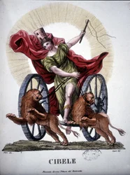 Kybele, bóstwo uosabiające reprodukcyjną moc Natury - w „Dizionario mitologico””, rycina z XIX wieku według obrazu Tintoretta, Biblia. di Brera, Mediolan.