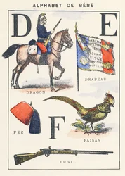 D E F: smok, flaga, bażant, fez, karabin