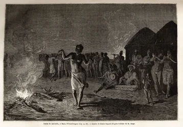 Taniec Malinków, ludność i język Afryki Zachodniej (Gwinea, Senegal, Mali i Wybrzeże Kości Słoniowej), tancerze gromadzą się przy grobowcu nocy, tańcząc wokół ognia w rytm tradycyjnej muzyki. Grawerowanie ilustrujące historię porucznika Mage
